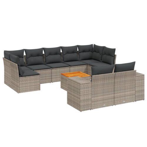 10-Piece Garden Sofa Set with Cushions Grey Poly Rattan Wicker Outdoor Patio Furniture - Image 14