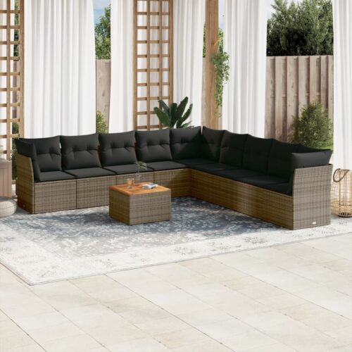 10-Piece Garden Sofa Set with Cushions Grey Poly Rattan Wicker Outdoor Patio Furniture - Image 2