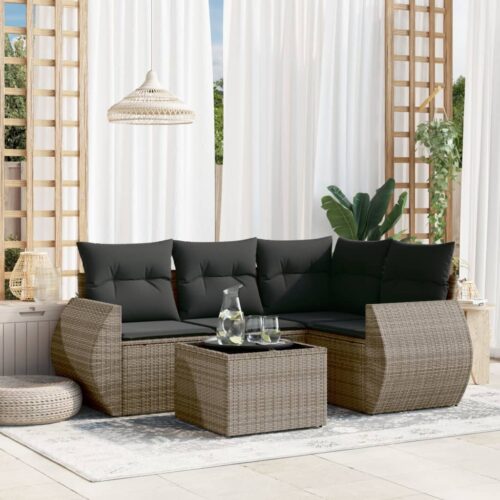 5-Piece Garden Sofa Set with Cushions Grey Poly Rattan Wicker Outdoor Patio Furniture - Image 2