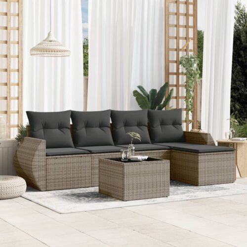 6-Piece Garden Sofa Set with Cushions Grey Poly Rattan Wicker Outdoor Patio Furniture - Image 2