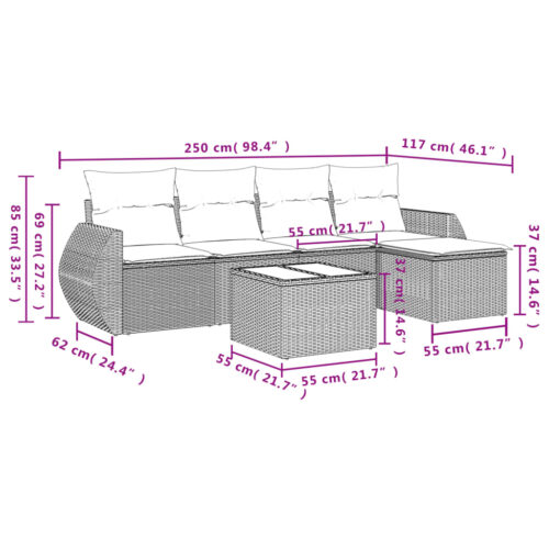 6-Piece Garden Sofa Set with Cushions Grey Poly Rattan Wicker Outdoor Patio Furniture - Image 3