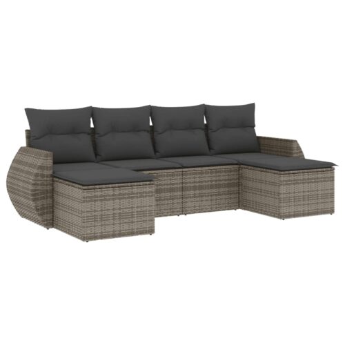 6-Piece Garden Sofa Set with Cushions Grey Poly Rattan Wicker Outdoor Patio Furniture