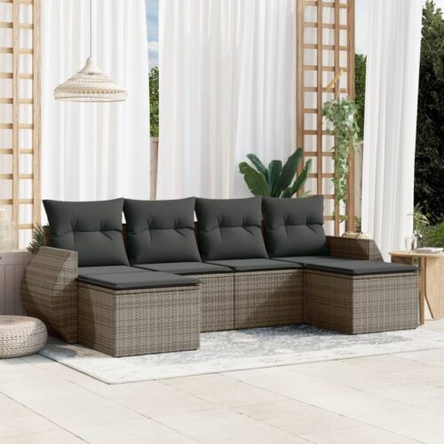6-Piece Garden Sofa Set with Cushions Grey Poly Rattan Wicker Outdoor Patio Furniture - Image 2