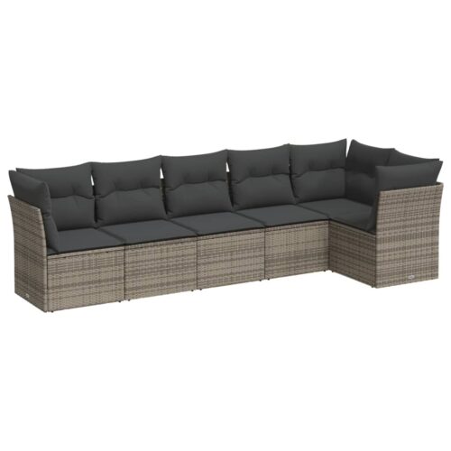 6-Piece Garden Sofa Set with Cushions Grey Poly Rattan Wicker Outdoor Patio Furniture