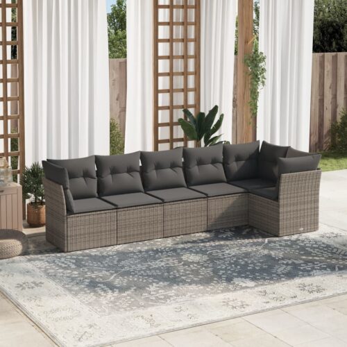 6-Piece Garden Sofa Set with Cushions Grey Poly Rattan Wicker Outdoor Patio Furniture - Image 2