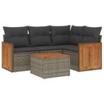 5-Piece Garden Sofa Set with Cushions Grey Poly Rattan Wicker Outdoor Patio Furniture