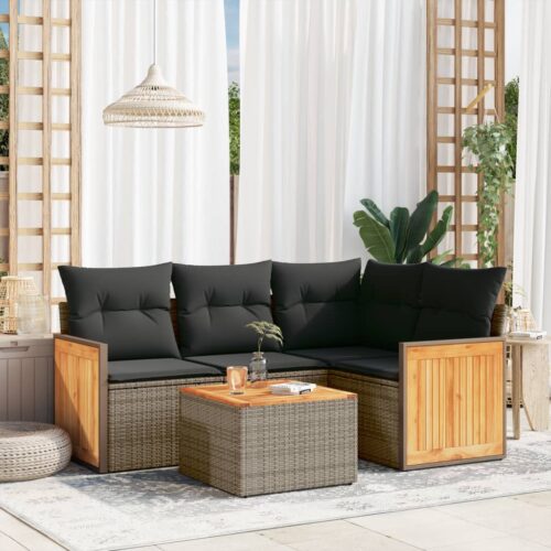5-Piece Garden Sofa Set with Cushions Grey Poly Rattan Wicker Outdoor Patio Furniture - Image 2