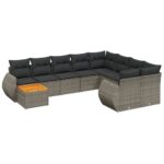 10-Piece Garden Sofa Set with Cushions Grey Poly Rattan Wicker Outdoor Patio Furniture