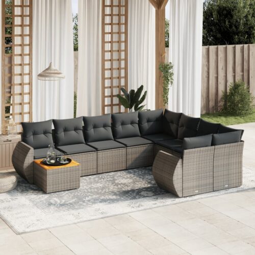 10-Piece Garden Sofa Set with Cushions Grey Poly Rattan Wicker Outdoor Patio Furniture - Image 2