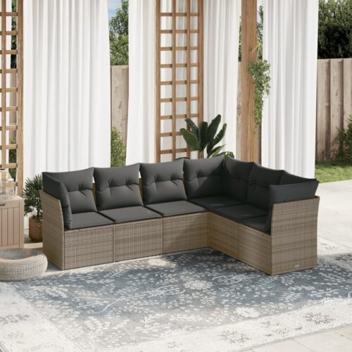 6-Piece Garden Sofa Set with Cushions Grey Poly Rattan Wicker Outdoor Patio Furniture - Image 2