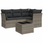 5-Piece Garden Sofa Set with Cushions Grey Poly Rattan Wicker Outdoor Patio Furniture
