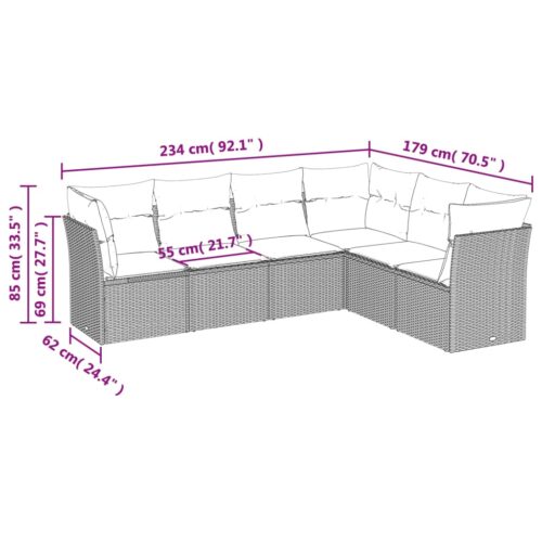 6-Piece Garden Sofa Set with Cushions Grey Poly Rattan Wicker Outdoor Patio Furniture - Image 6
