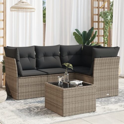 5-Piece Garden Sofa Set with Cushions Grey Poly Rattan Wicker Outdoor Patio Furniture - Image 2