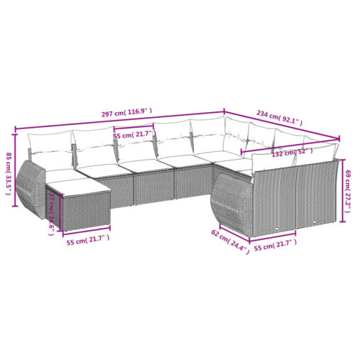 10-Piece Garden Sofa Set with Cushions Grey Poly Rattan Wicker Outdoor Patio Furniture - Image 8