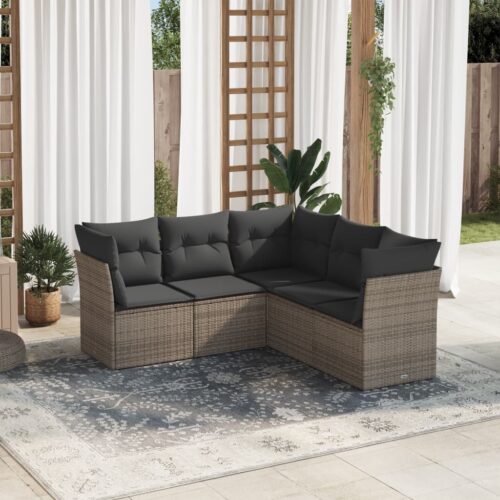 5-Piece Garden Sofa Set with Cushions Grey Poly Rattan Wicker Outdoor Patio Furniture - Image 2