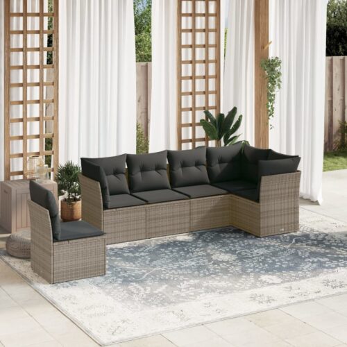6-Piece Garden Sofa Set with Cushions Grey Poly Rattan Wicker Outdoor Patio Furniture - Image 2