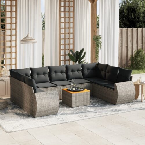 10-Piece Garden Sofa Set with Cushions Grey Poly Rattan Wicker Outdoor Patio Furniture - Image 2
