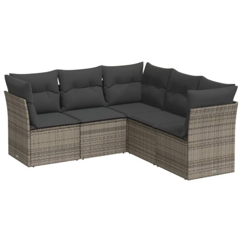 5-Piece Garden Sofa Set with Cushions Grey Poly Rattan Wicker Outdoor Patio Furniture - Image 5