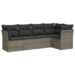 5-Piece Garden Sofa Set with Cushions Grey Poly Rattan Wicker Outdoor Patio Furniture