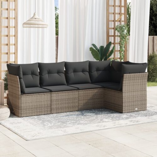 5-Piece Garden Sofa Set with Cushions Grey Poly Rattan Wicker Outdoor Patio Furniture - Image 2