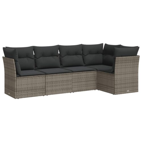 5-Piece Garden Sofa Set with Cushions Grey Poly Rattan Wicker Outdoor Patio Furniture - Image 5