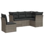 5-Piece Garden Sofa Set with Cushions Grey Poly Rattan Wicker Outdoor Patio Furniture