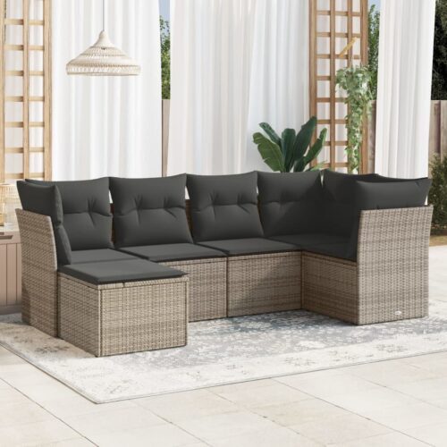 6-Piece Garden Sofa Set with Cushions Grey Poly Rattan Wicker Outdoor Patio Furniture - Image 2