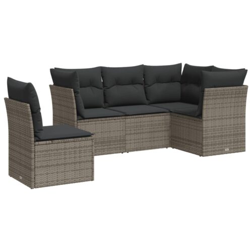 5-Piece Garden Sofa Set with Cushions Grey Poly Rattan Wicker Outdoor Patio Furniture - Image 5