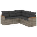 5-Piece Garden Sofa Set with Cushions Grey Poly Rattan Wicker Outdoor Patio Furniture