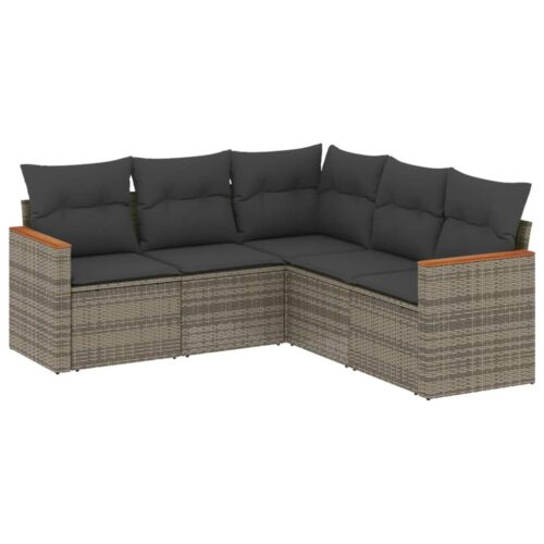 5-Piece Garden Sofa Set with Cushions Grey Poly Rattan Wicker Outdoor Patio Furniture