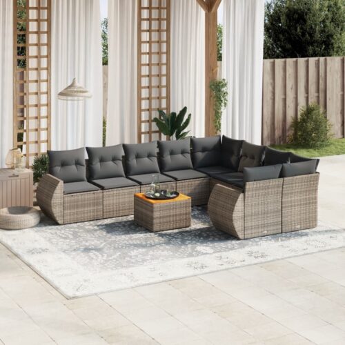 10-Piece Garden Sofa Set with Cushions Grey Poly Rattan Wicker Outdoor Patio Furniture - Image 2