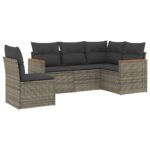 5-Piece Garden Sofa Set with Cushions Grey Poly Rattan Wicker Outdoor Patio Furniture