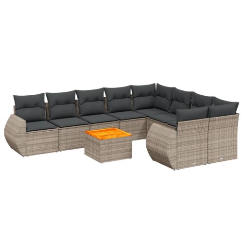 10-Piece Garden Sofa Set with Cushions Grey Poly Rattan Wicker Outdoor Patio Furniture - Image 5