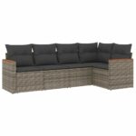 5-Piece Garden Sofa Set with Cushions Grey Poly Rattan Wicker Outdoor Patio Furniture