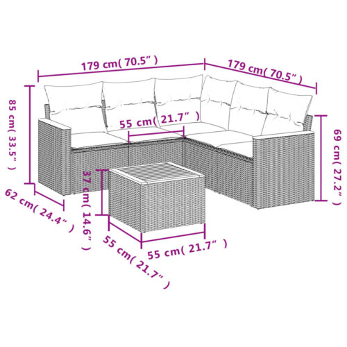 6-Piece Garden Sofa Set with Cushions Grey Poly Rattan Wicker Outdoor Patio Furniture - Image 3