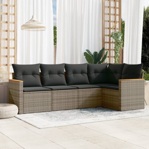 5-Piece Garden Sofa Set with Cushions Grey Poly Rattan Wicker Outdoor Patio Furniture - Image 2