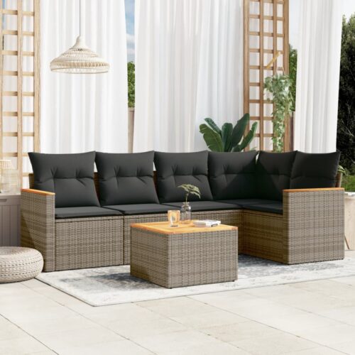 6-Piece Garden Sofa Set with Cushions Grey Poly Rattan Wicker Outdoor Patio Furniture - Image 2