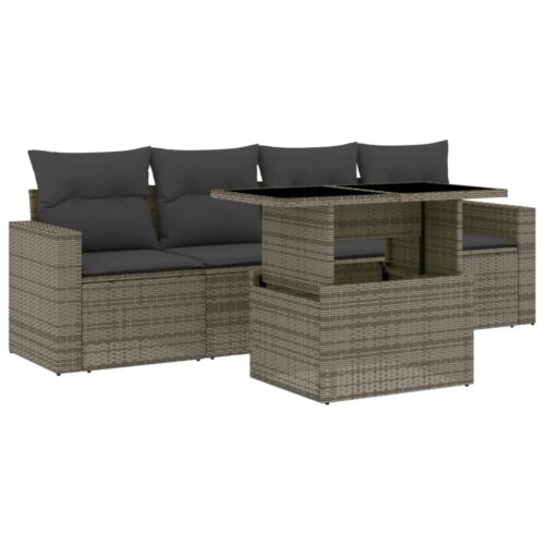 5-Piece Garden Sofa Set with Cushions Grey Poly Rattan Wicker Outdoor Patio Furniture
