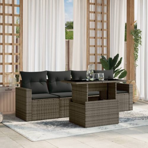 5-Piece Garden Sofa Set with Cushions Grey Poly Rattan Wicker Outdoor Patio Furniture - Image 2