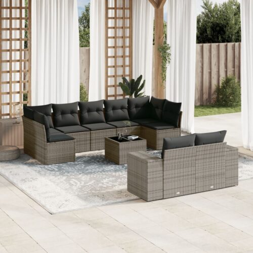 10-Piece Garden Sofa Set with Cushions Grey Poly Rattan Wicker Outdoor Patio Furniture - Image 2