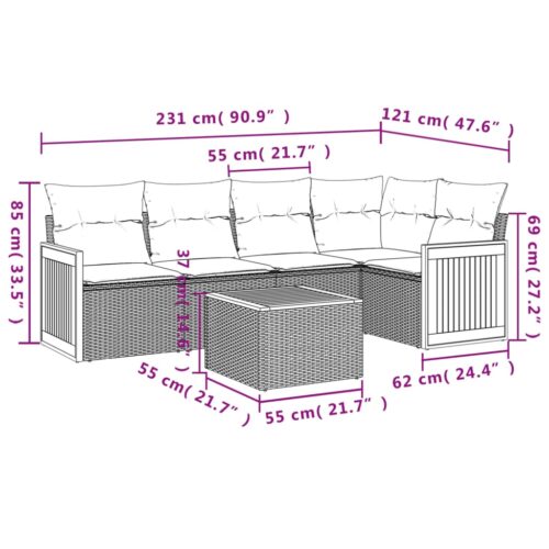 6-Piece Garden Sofa Set with Cushions Grey Poly Rattan Wicker Outdoor Patio Furniture - Image 8
