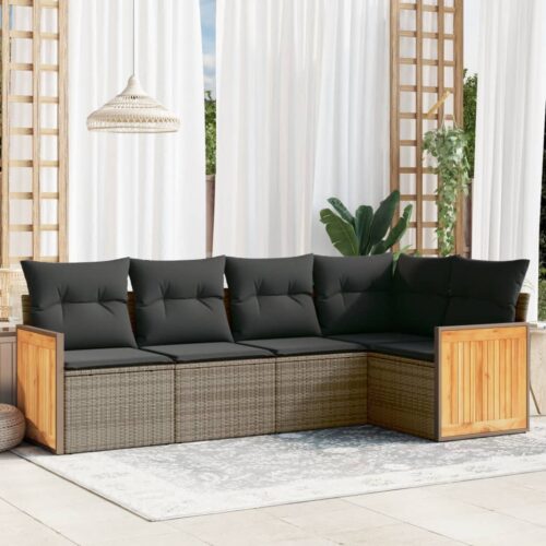 5-Piece Garden Sofa Set with Cushions Grey Poly Rattan Wicker Outdoor Patio Furniture - Image 2