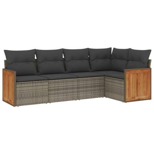 5-Piece Garden Sofa Set with Cushions Grey Poly Rattan Wicker Outdoor Patio Furniture - Image 13