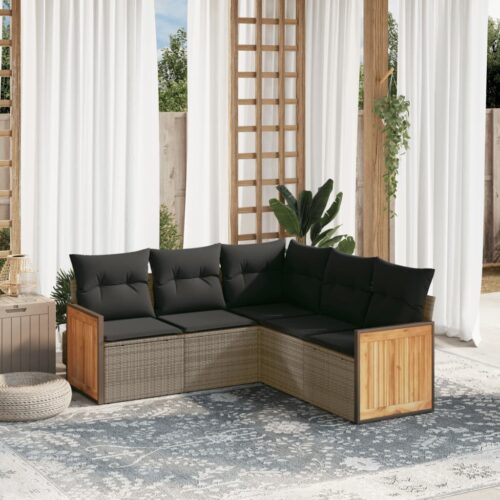 5-Piece Garden Sofa Set with Cushions Grey Poly Rattan Wicker Outdoor Patio Furniture - Image 2