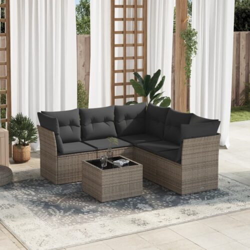 6-Piece Garden Sofa Set with Cushions Grey Poly Rattan Wicker Outdoor Patio Furniture - Image 2