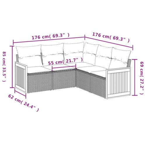 5-Piece Garden Sofa Set with Cushions Grey Poly Rattan Wicker Outdoor Patio Furniture - Image 7