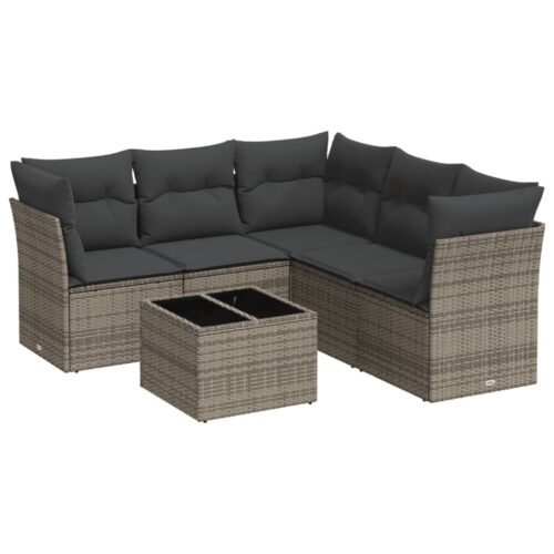6-Piece Garden Sofa Set with Cushions Grey Poly Rattan Wicker Outdoor Patio Furniture - Image 5