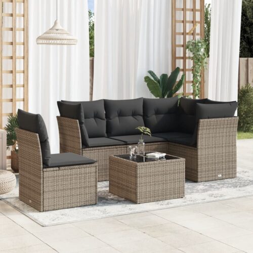 6-Piece Garden Sofa Set with Cushions Grey Poly Rattan Wicker Outdoor Patio Furniture - Image 2