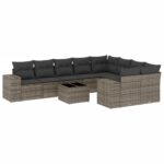10-Piece Garden Sofa Set with Cushions Grey Poly Rattan Wicker Outdoor Patio Furniture