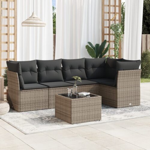 6-Piece Garden Sofa Set with Cushions Grey Poly Rattan Wicker Outdoor Patio Furniture - Image 2
